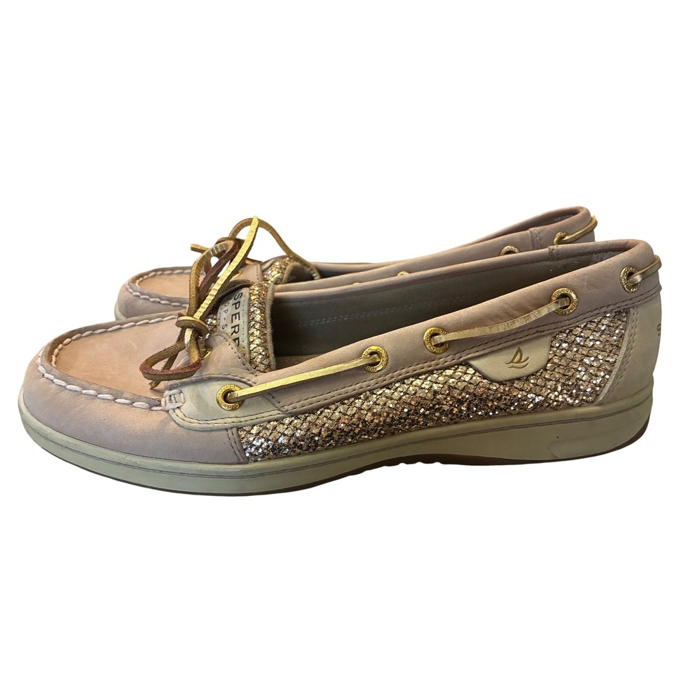 Sperry Boat Shoes Women 8.5 Tan Gold Excellent Glitter Nautical Loafers
